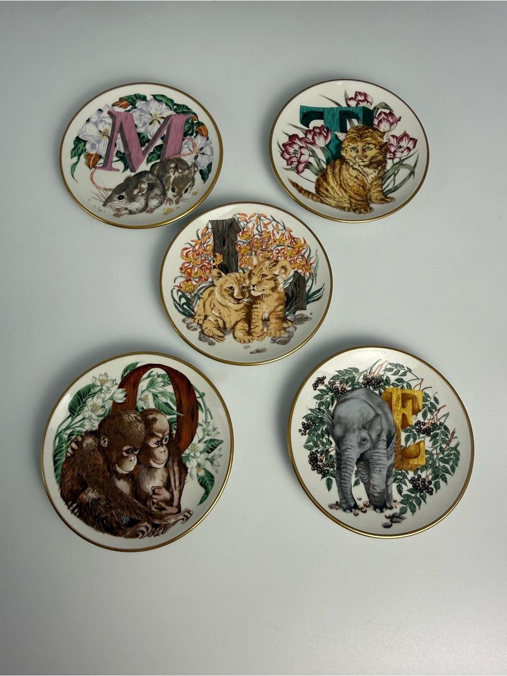 Collectible Franklin Mint Animal Alphabet Trinket Dish Letter M,T,L,O, E